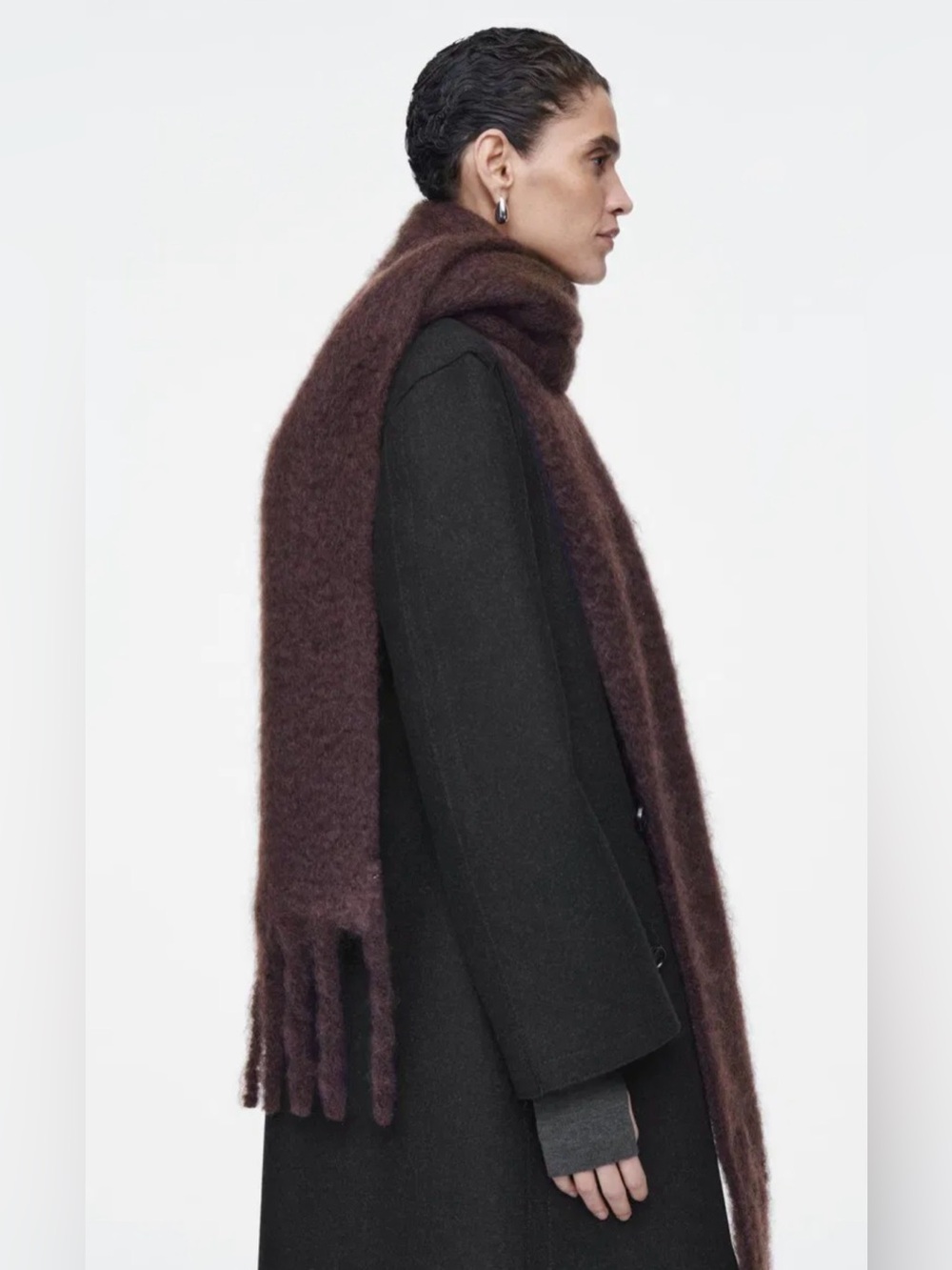 COS mohair wool fringed brushed scarf burgundy deep plum chunky oversized fuzzy - Picture 2 of 14